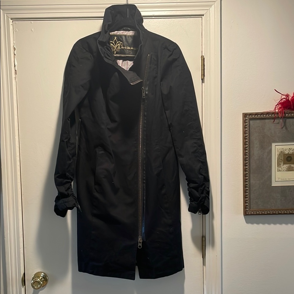Mackage Black Leather Trim Ruched Zippered Sleeve High Collar Zip Down Jacket